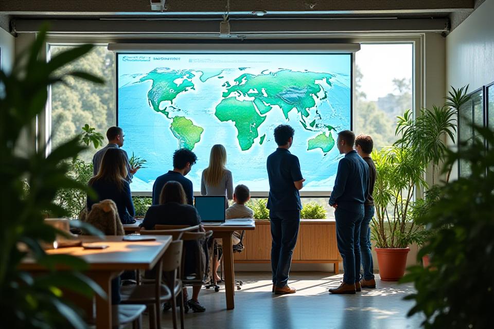 Celeste Flow team collaborating in a modern, eco-friendly office space with data visualizations on screens