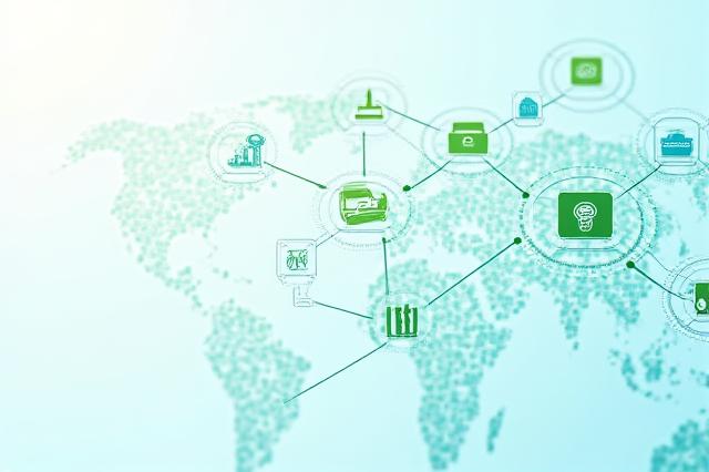 Global supply chain diagram with focus on sustainable practices and green logistics