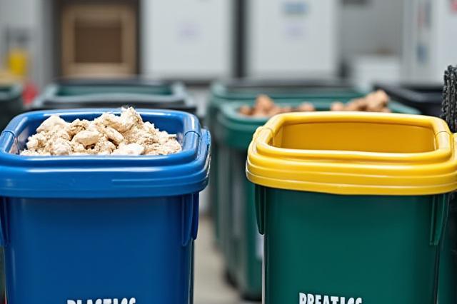 Recycling bins showing sorted waste, symbolizing waste management